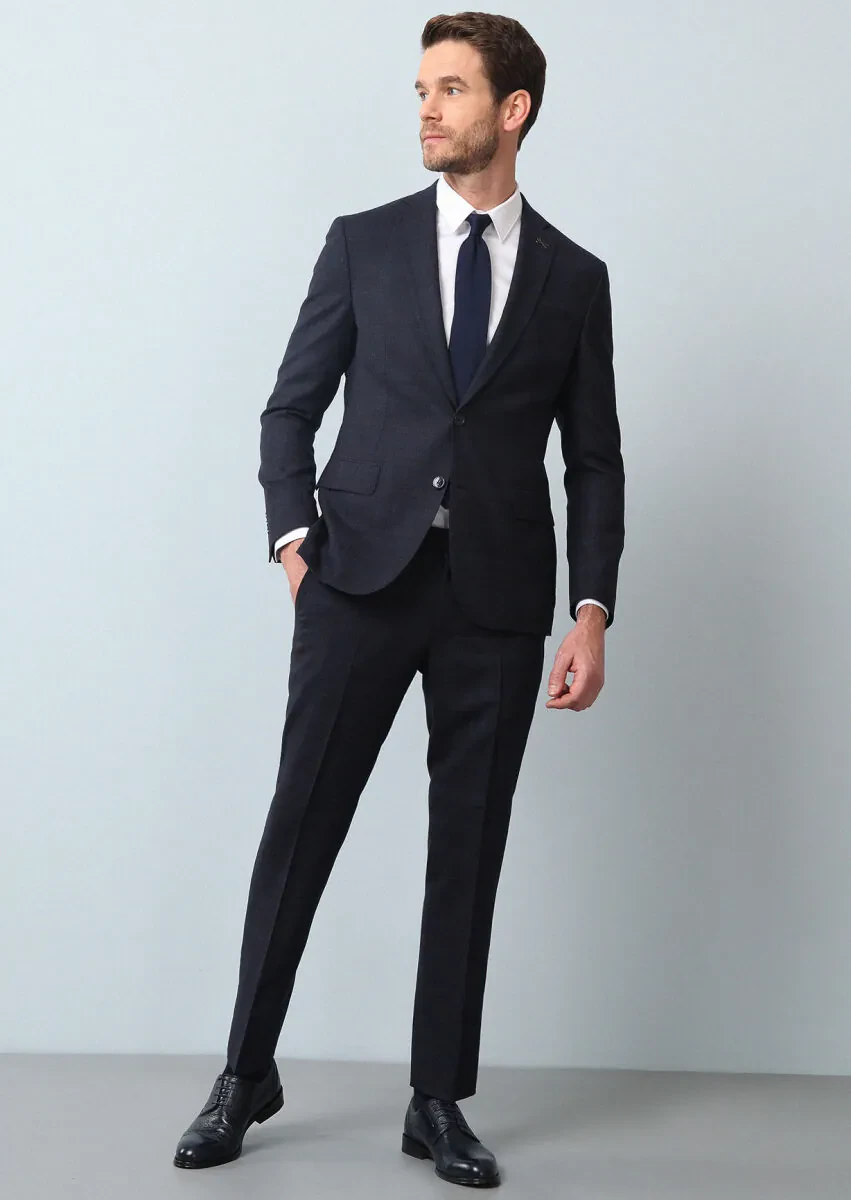 Lacivert Kareli Zeroweight Slim Fit %100 Yün Takım Elbise - 3