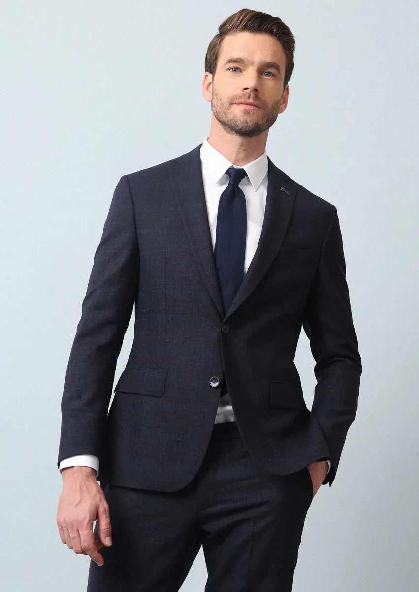 Lacivert Kareli Zeroweight Slim Fit %100 Yün Takım Elbise - 4