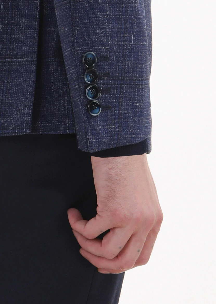 Lacivert Kareli Zeroweight Slim Fit İpek Karışımlı Ceket - 4