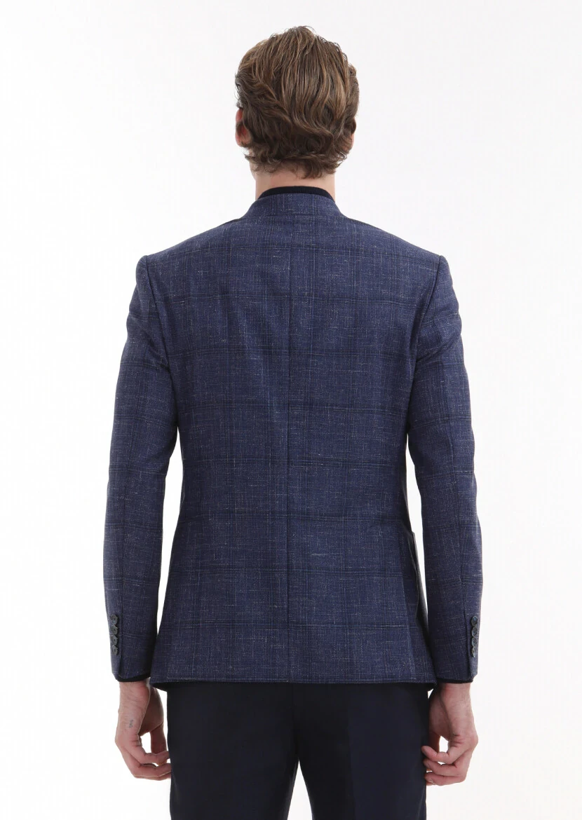 Lacivert Kareli Zeroweight Slim Fit İpek Karışımlı Ceket - 5