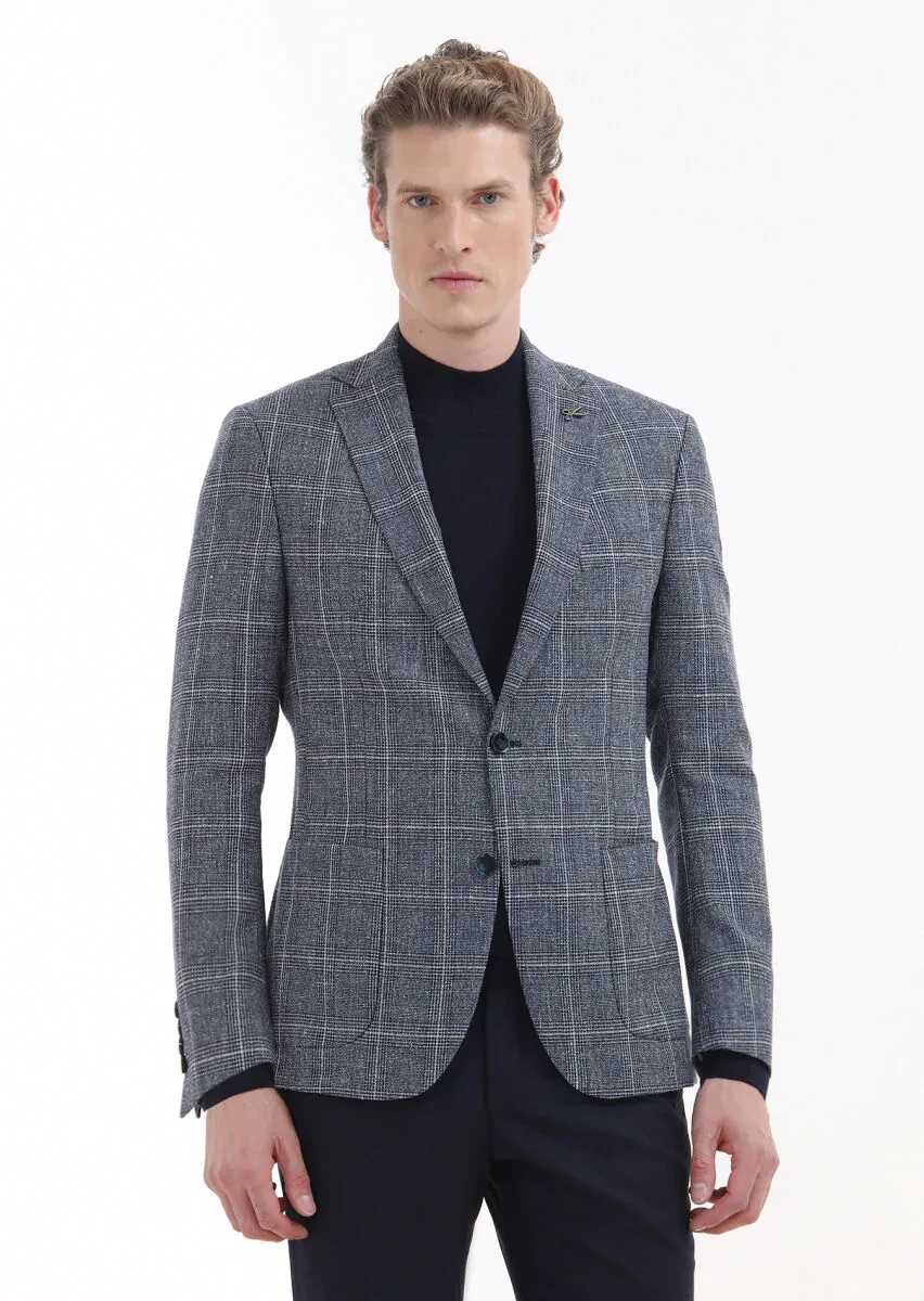 Lacivert Kareli Zeroweight Slim Fit Yün Karışımlı Ceket - 2