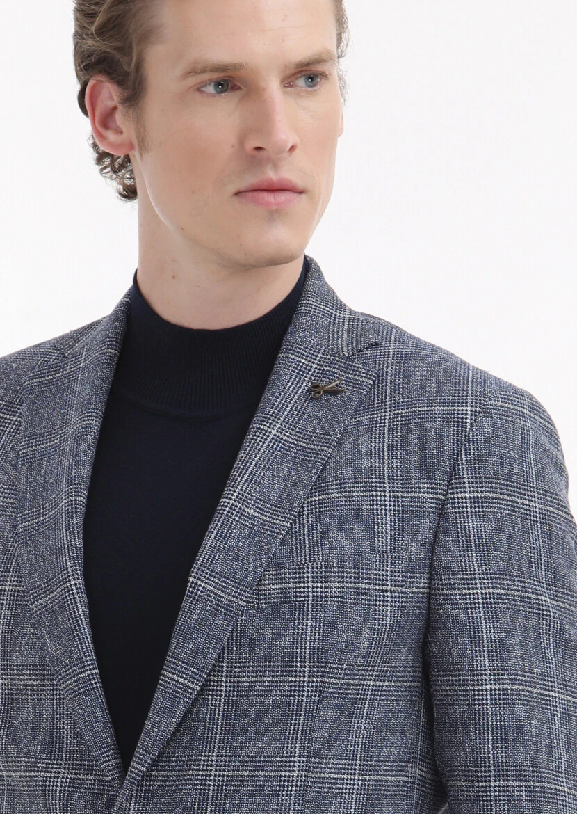 Lacivert Kareli Zeroweight Slim Fit Yün Karışımlı Ceket - 3