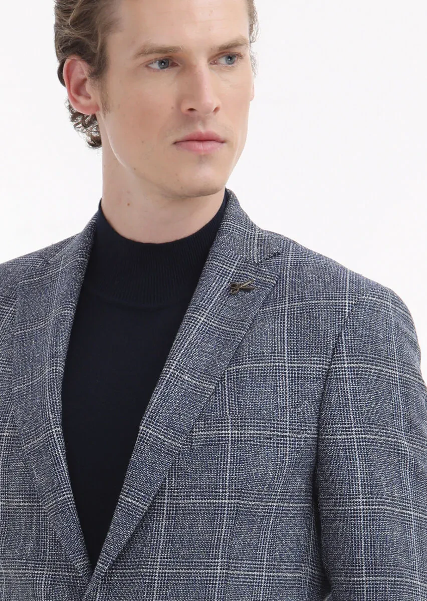 Lacivert Kareli Zeroweight Slim Fit Yün Karışımlı Ceket - 3