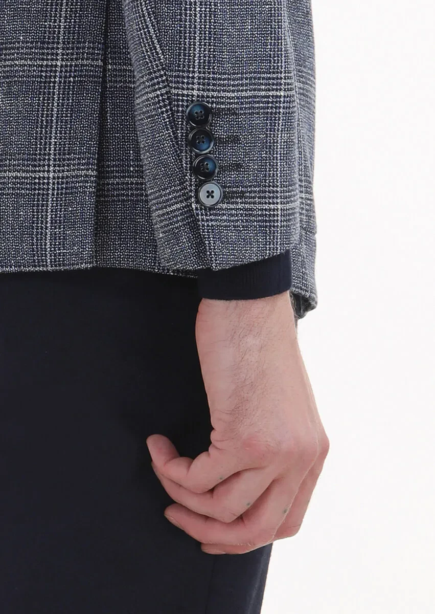 Lacivert Kareli Zeroweight Slim Fit Yün Karışımlı Ceket - 4