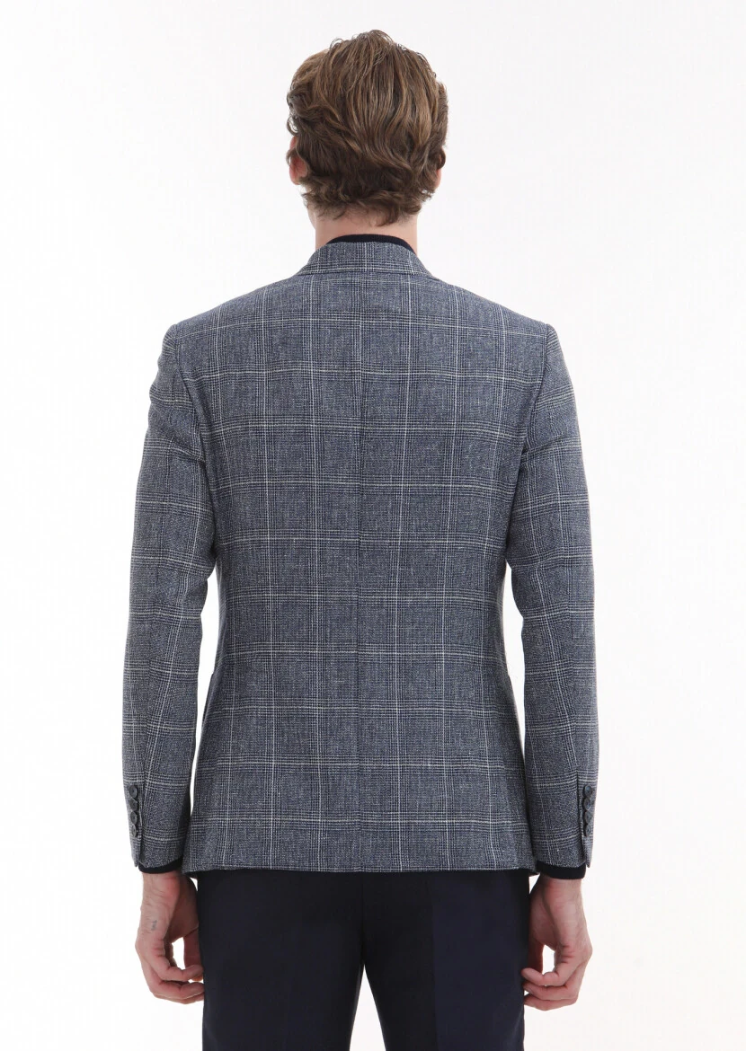 Lacivert Kareli Zeroweight Slim Fit Yün Karışımlı Ceket - 5