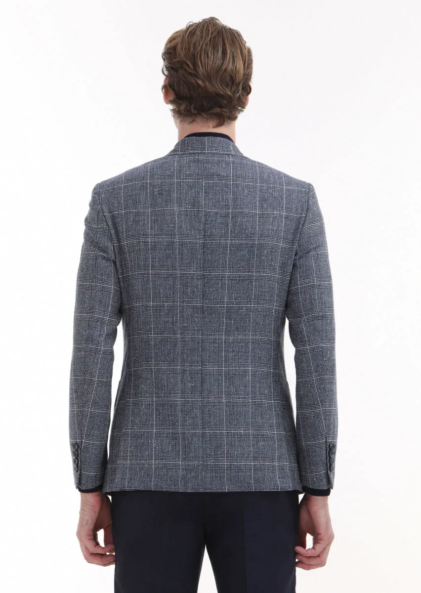 Lacivert Kareli Zeroweight Slim Fit Yün Karışımlı Ceket - 5