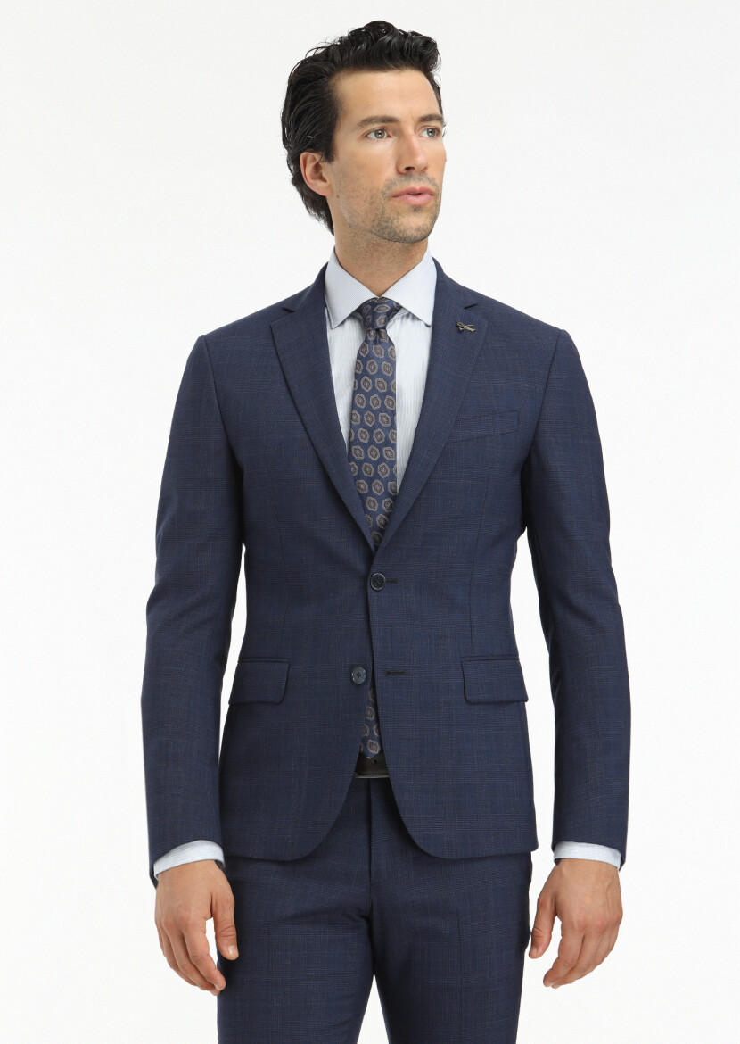 Lacivert Kareli Zeroweight Slim Fit Yün Karışımlı Takım Elbise - 2