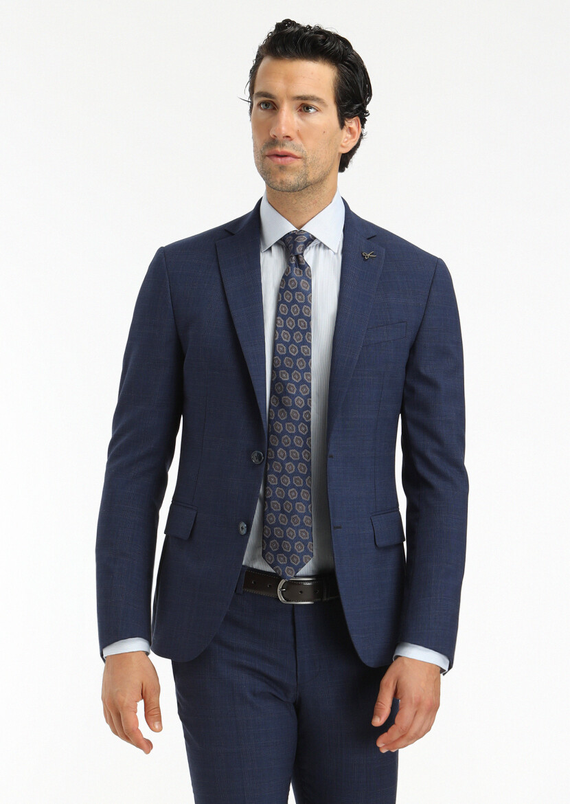 Lacivert Kareli Zeroweight Slim Fit Yün Karışımlı Takım Elbise - 3