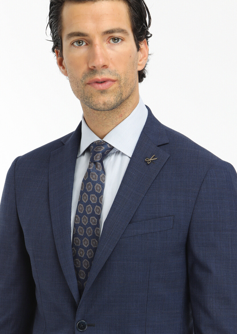 Lacivert Kareli Zeroweight Slim Fit Yün Karışımlı Takım Elbise - 4