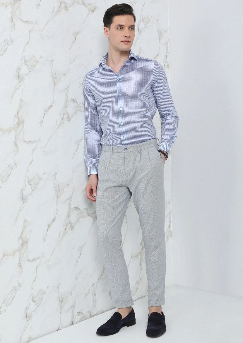 Lacivert Mikro Dokuma Carrot Fit Smart Casual Pamuk Karışımlı Pantolon - 1