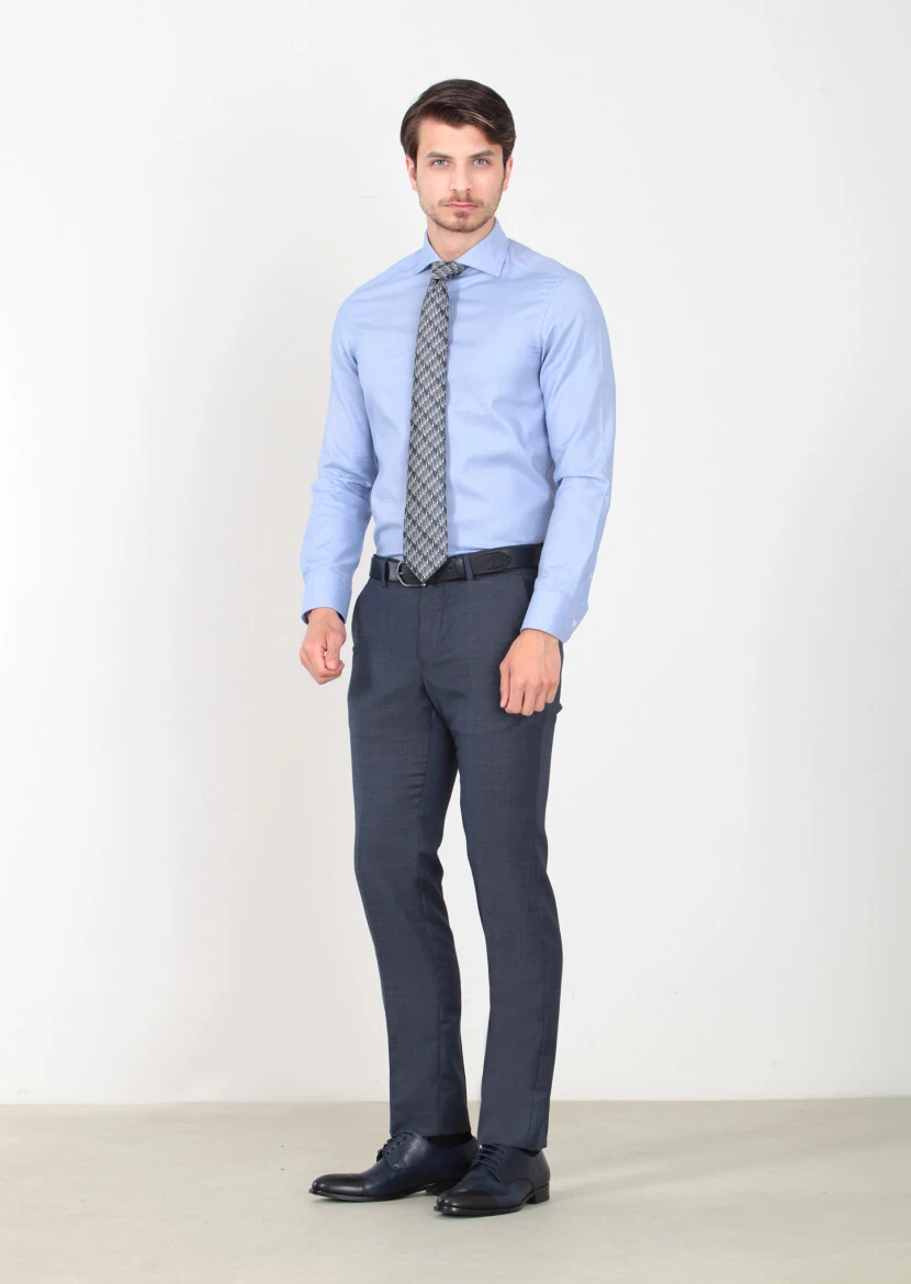 Lacivert Mikro Dokuma Modern Fit Klasik %100 Yün Pantolon - 1