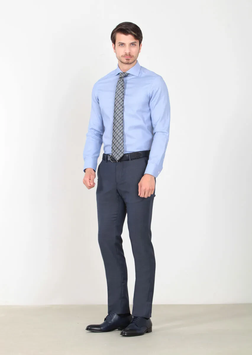 Lacivert Mikro Dokuma Modern Fit Klasik %100 Yün Pantolon - 1