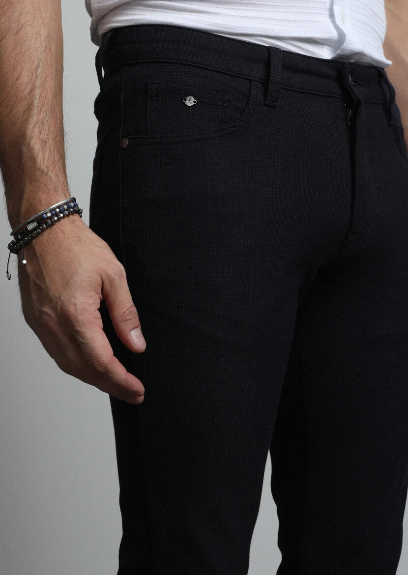 Lacivert Mikro Dokuma Slim Fit Casual Pamuk Karışımlı Pantolon - 3