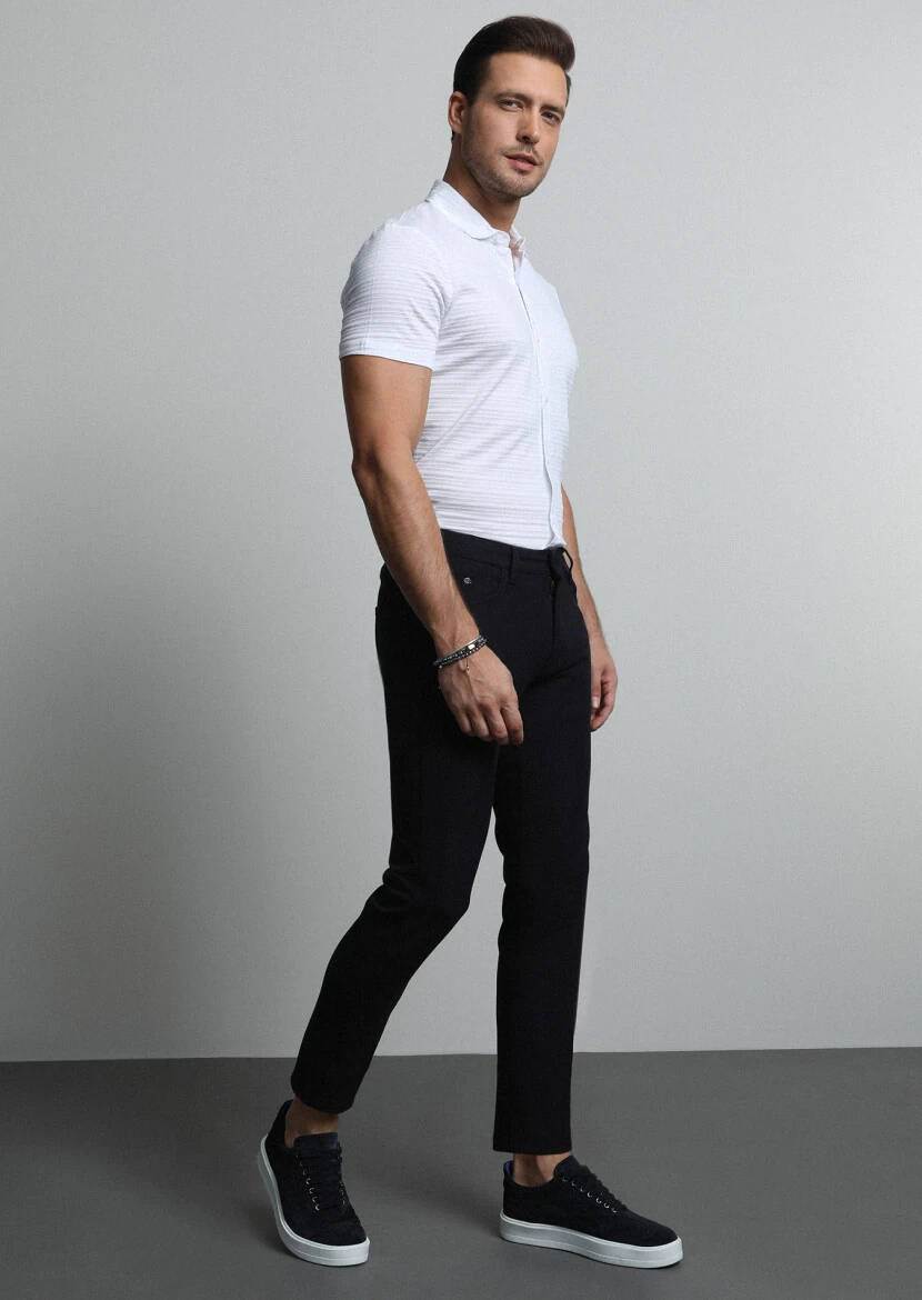 Lacivert Mikro Dokuma Slim Fit Casual Pamuk Karışımlı Pantolon - 4