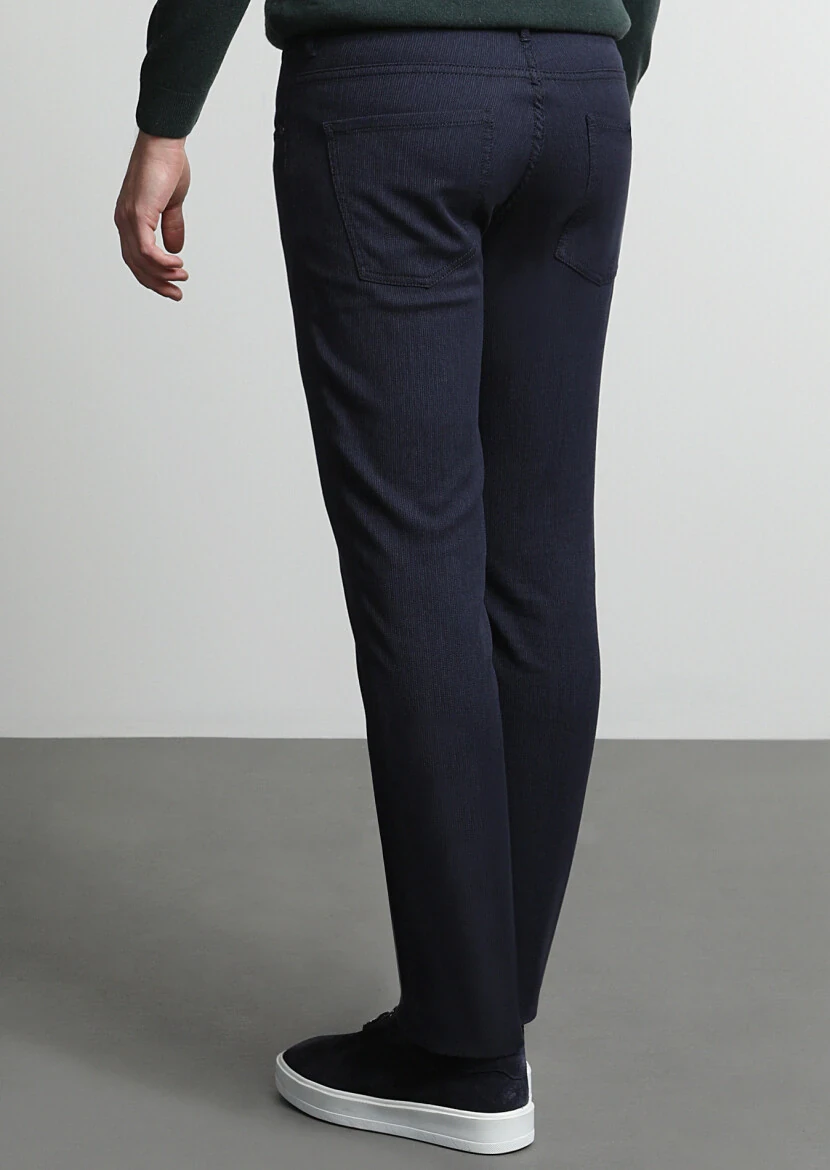 Lacivert Mikro Dokuma Slim Fit Casual Pamuk Karışımlı Pantolon - 4