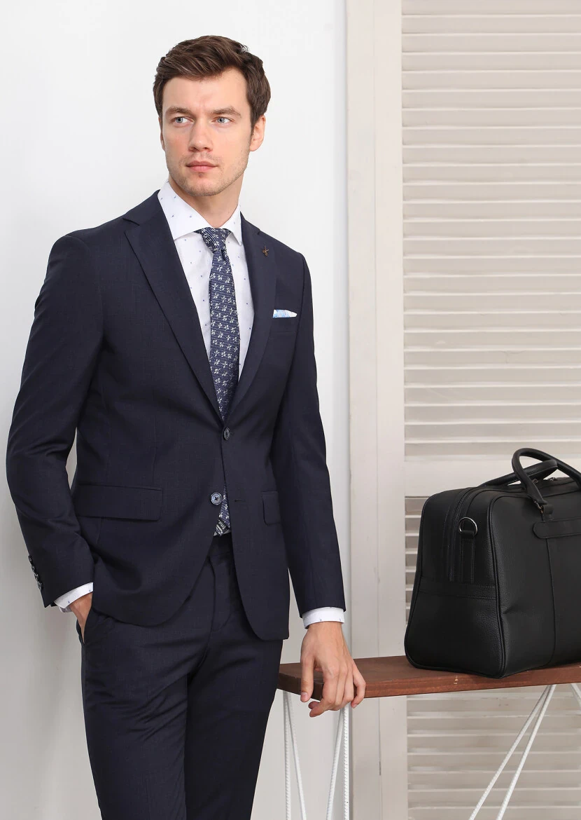 Lacivert Mikro Modern Fit %100 Yün Takım Elbise - 1