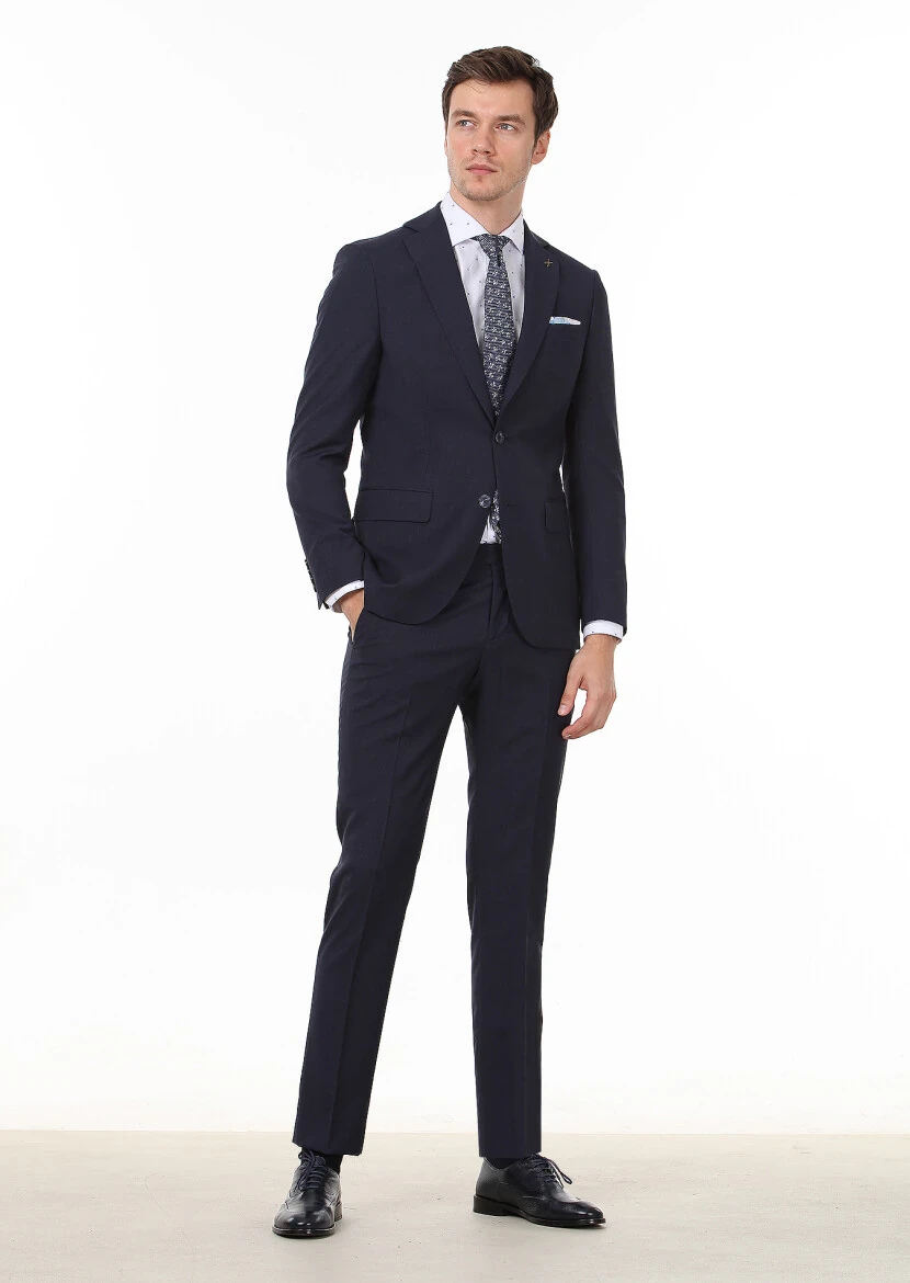 Lacivert Mikro Modern Fit %100 Yün Takım Elbise - 3