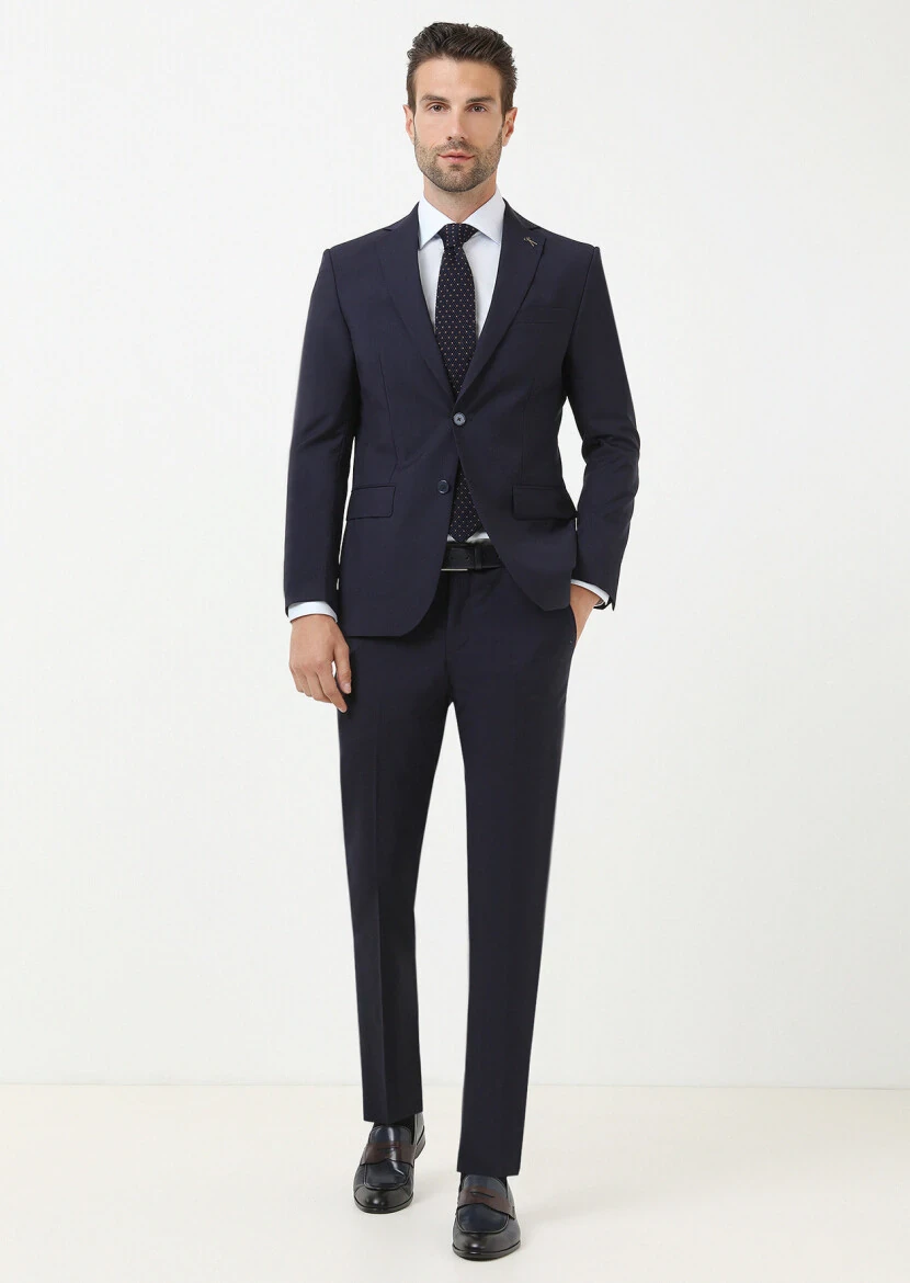 Lacivert Mikro Modern Fit %100 Yün Takım Elbise - 1