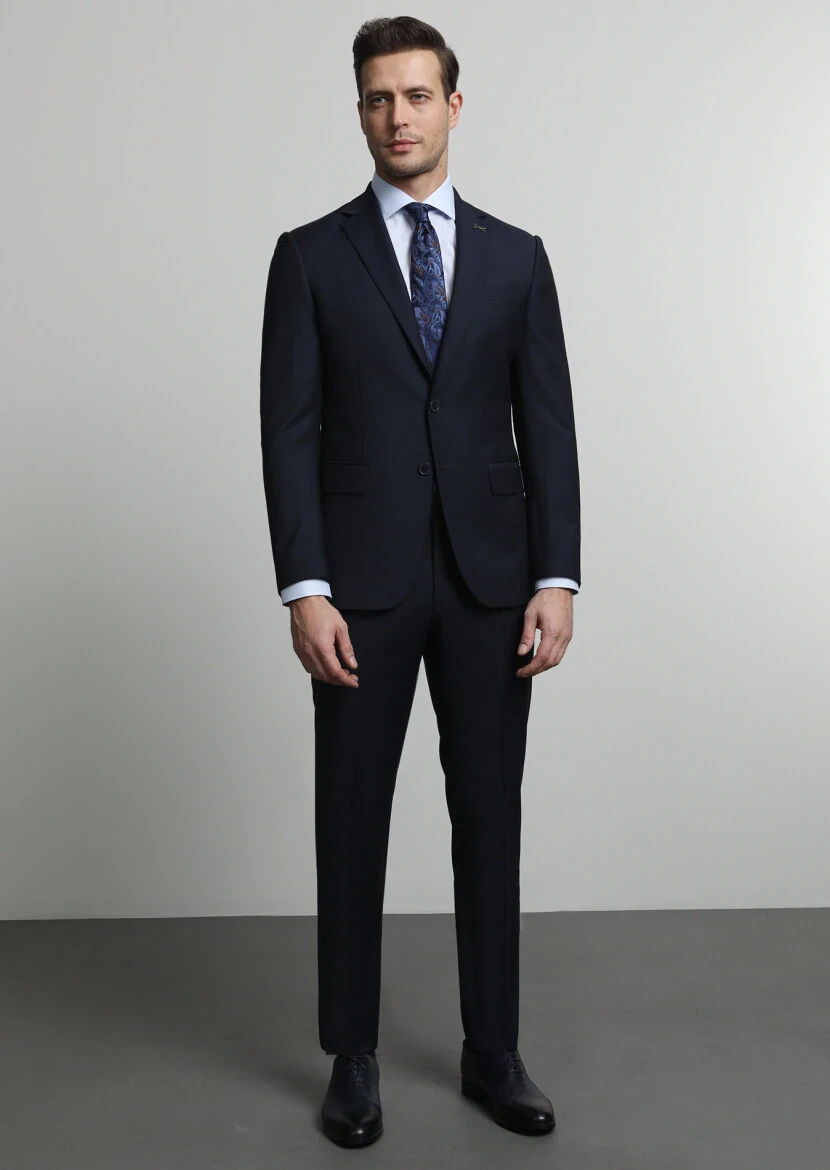 Lacivert Mikro Modern Fit Yün Karışımlı Takım Elbise - 1