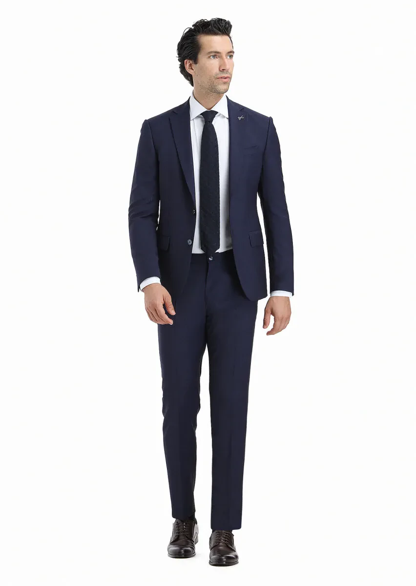 Lacivert Mikro Modern Fit Yün Karışımlı Takım Elbise - 1