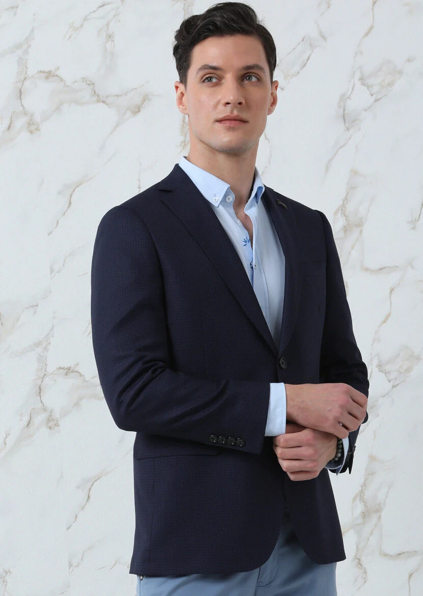 Lacivert Mikro Regular Fit %100 Yün Ceket - 4