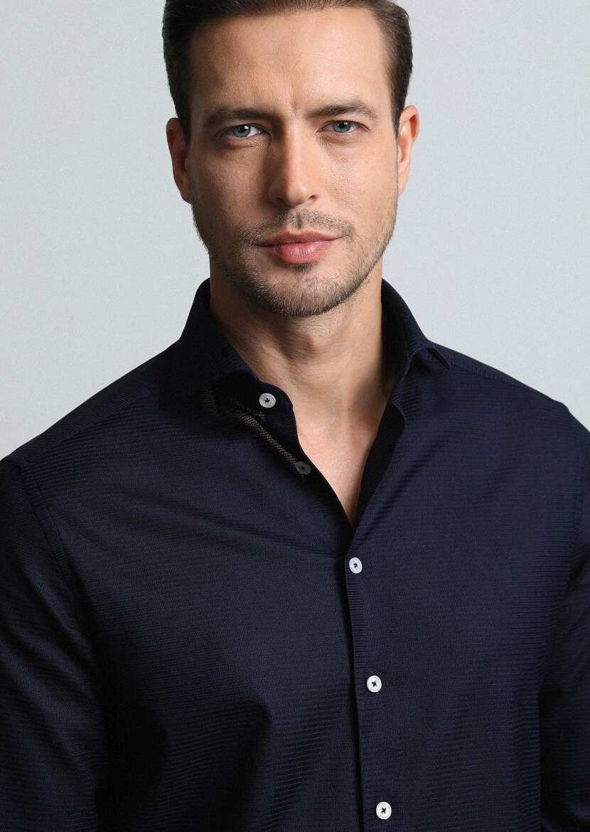 Lacivert Mikro Regular Fit Dokuma Klasik %100 Pamuk Gömlek - 4