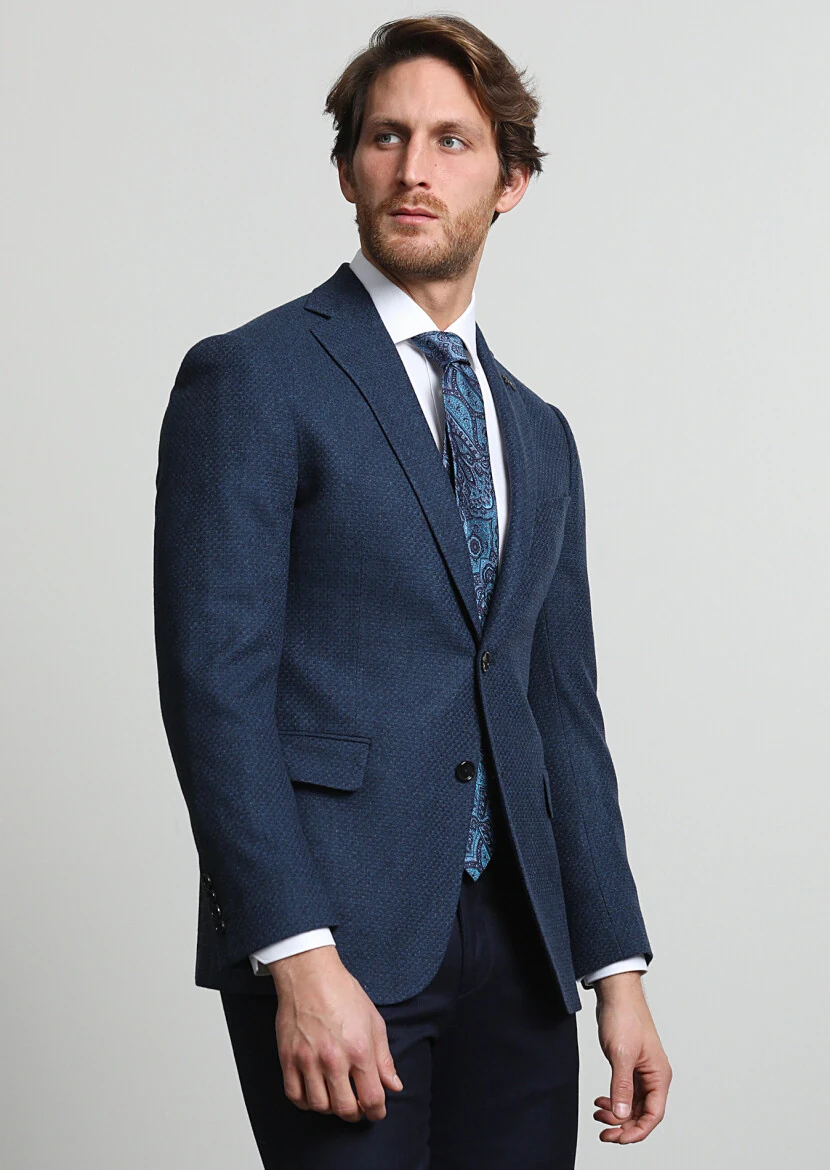 Lacivert Mikro Regular Fit Yün Karışımlı Ceket - 1