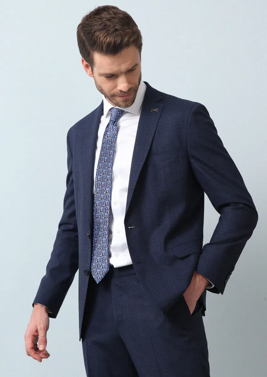 Lacivert Mikro Shirt Shoulder Slim Fit Ekolojik Çevre Dostu %100 Yün Takım Elbise - 1