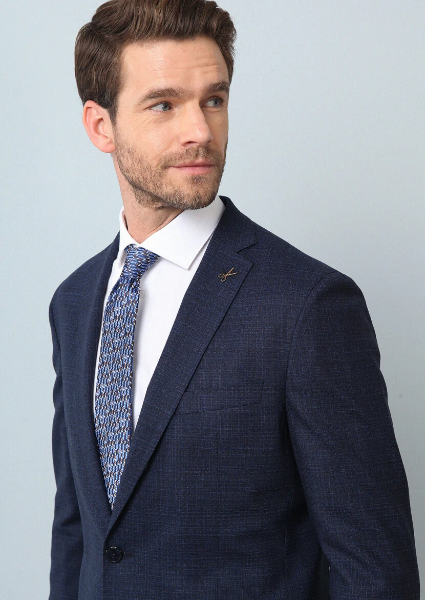 Lacivert Mikro Shirt Shoulder Slim Fit Ekolojik Çevre Dostu %100 Yün Takım Elbise - 2