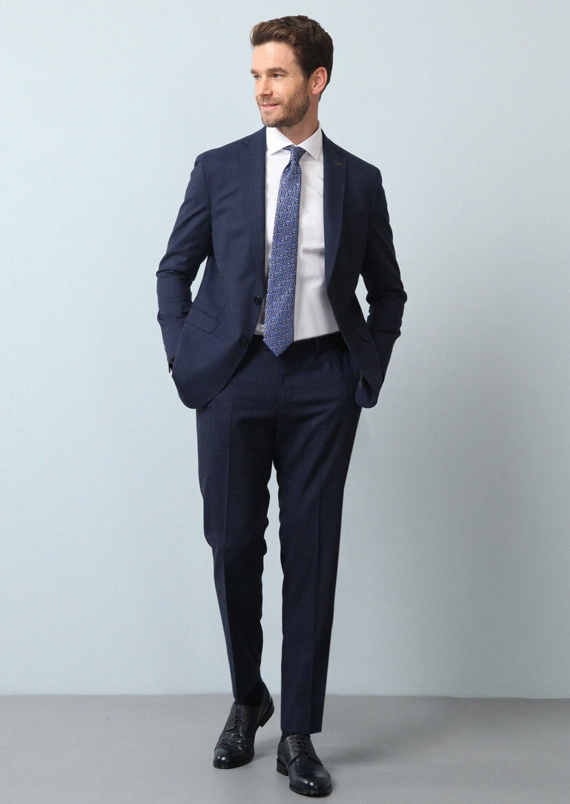 Lacivert Mikro Shirt Shoulder Slim Fit Ekolojik Çevre Dostu %100 Yün Takım Elbise - 3