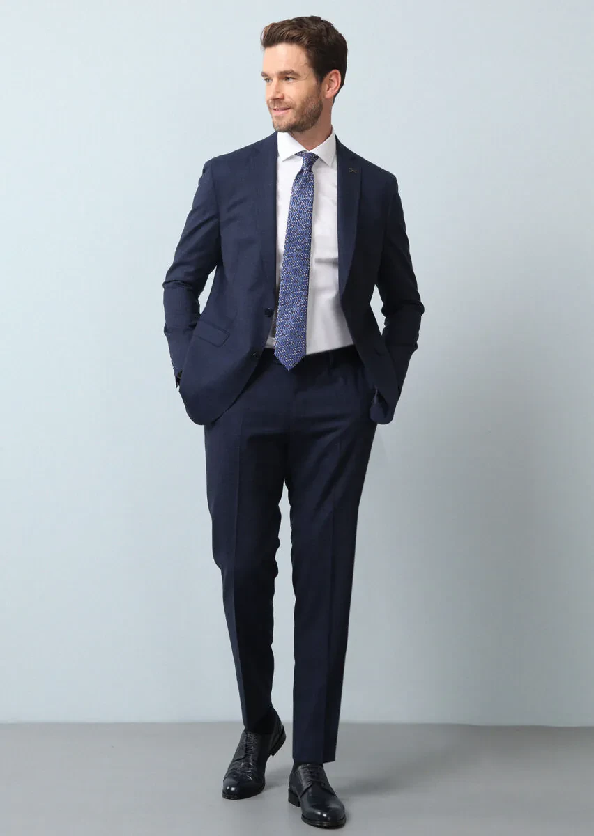 Lacivert Mikro Shirt Shoulder Slim Fit Ekolojik Çevre Dostu %100 Yün Takım Elbise - 3