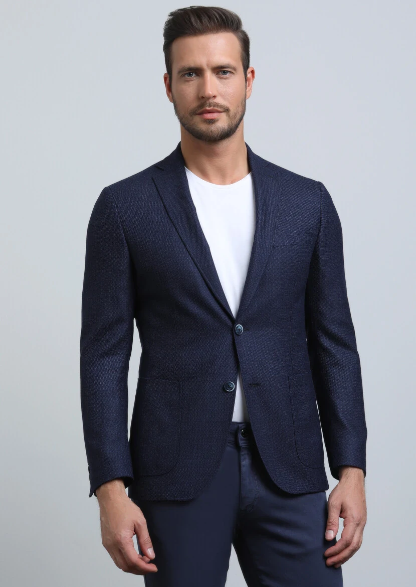 Lacivert Mikro Zeroweight Slim Fit %100 Yün Ceket - 2