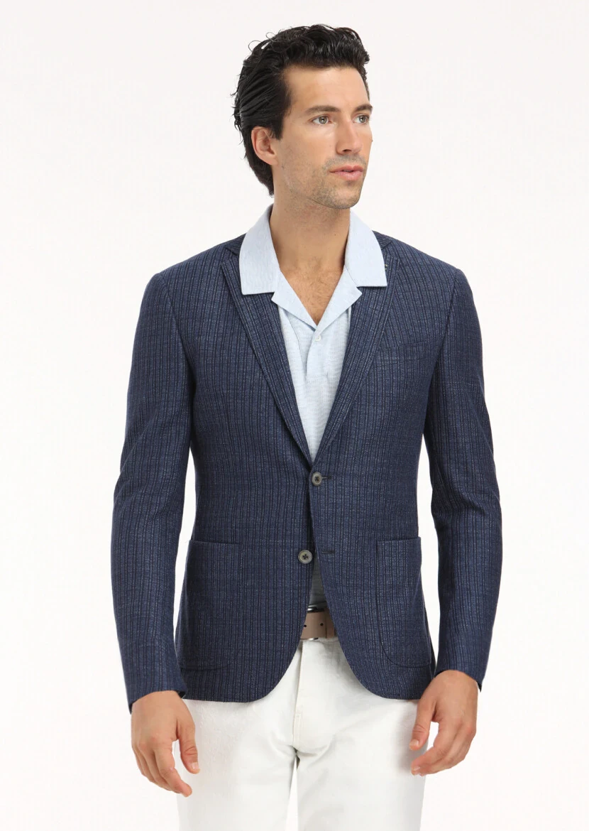 Lacivert Mikro Zeroweight Slim Fit Pamuk Karışımlı Örme Ceket - 2