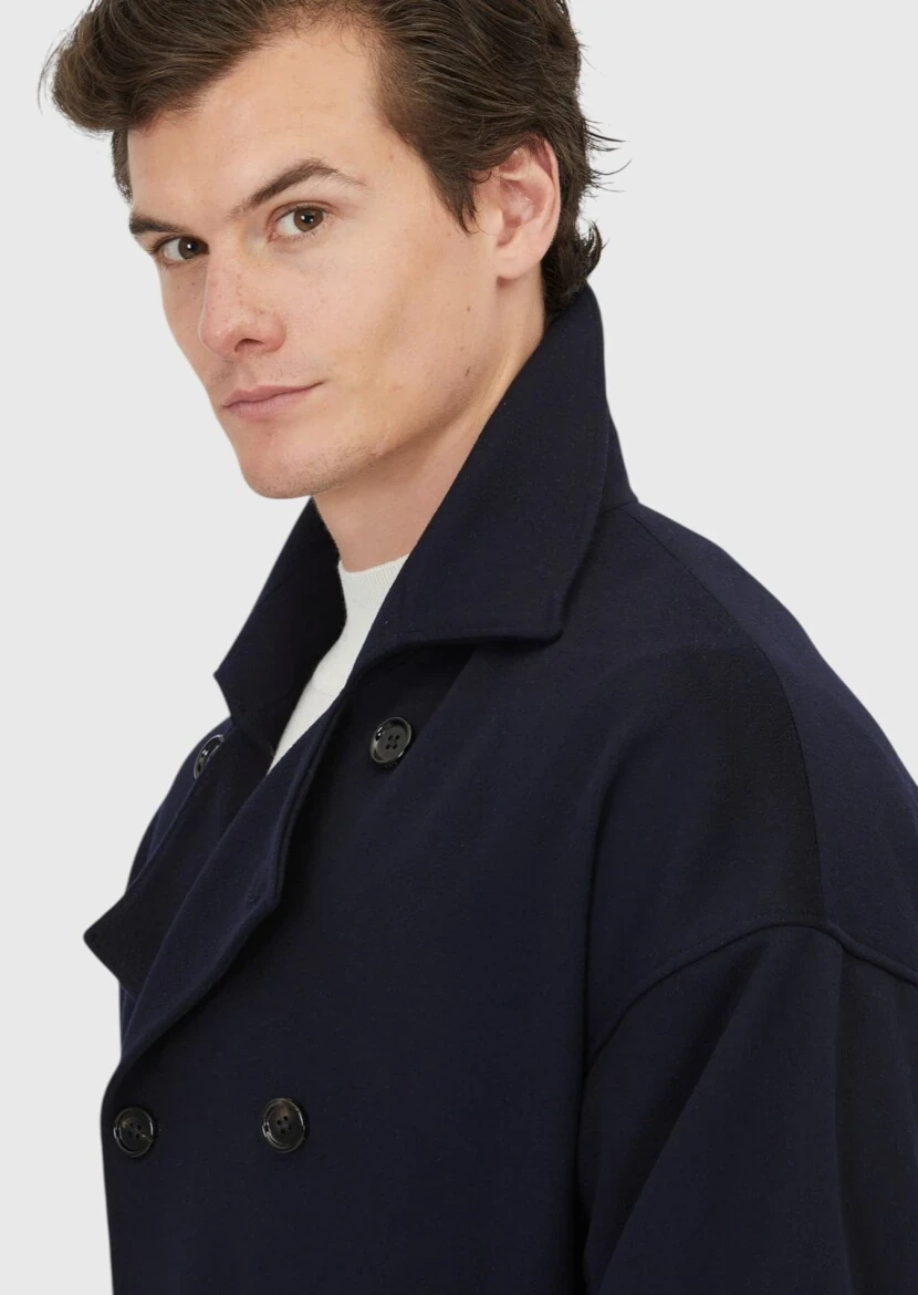 Lacivert Oversize Fit Casual Dokuma Palto - 5