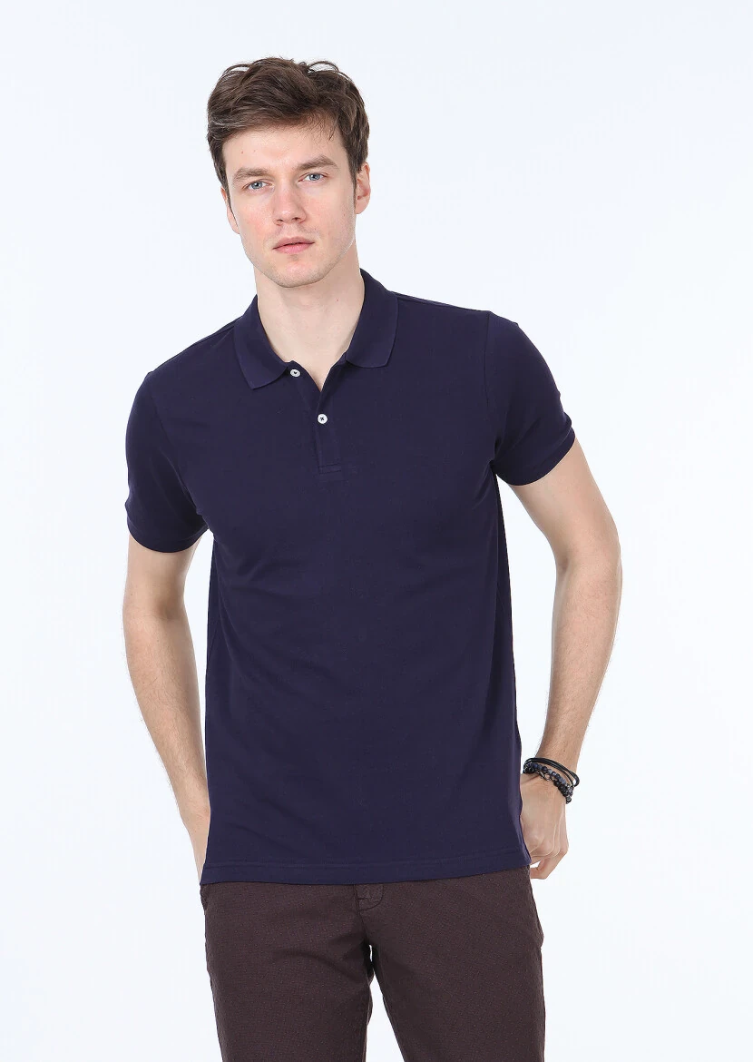 Lacivert Polo Yaka %100 Pamuk T-Shirt - 1