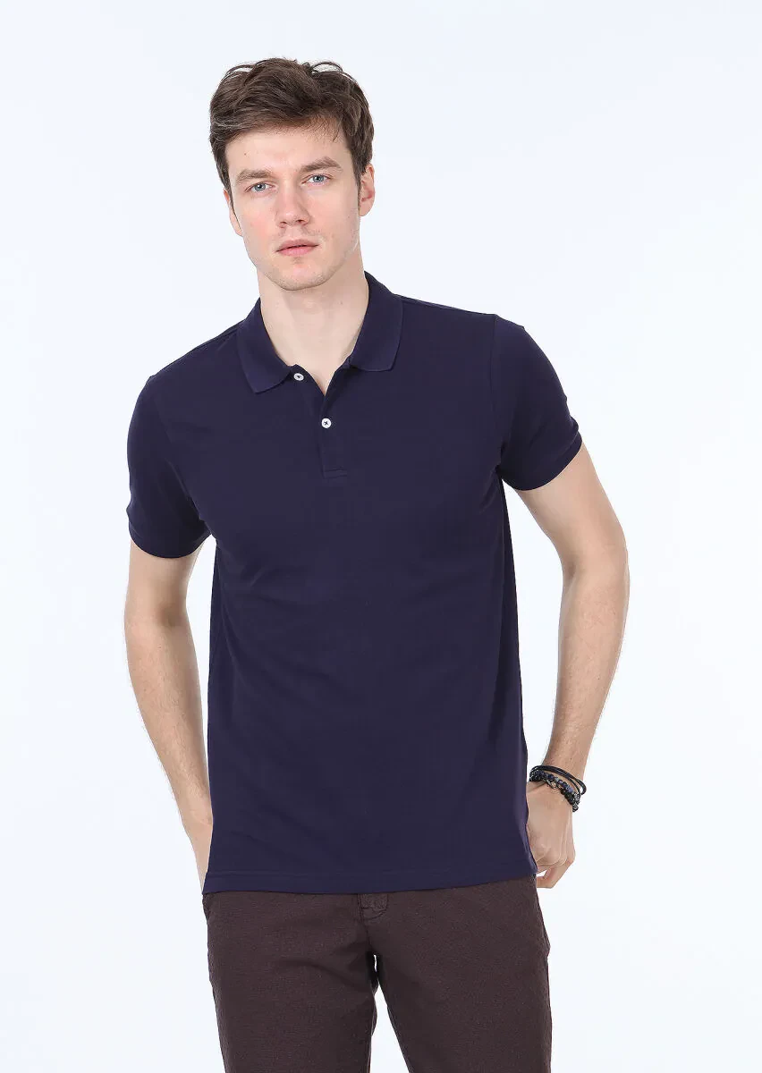 Lacivert Polo Yaka %100 Pamuk T-Shirt - 1