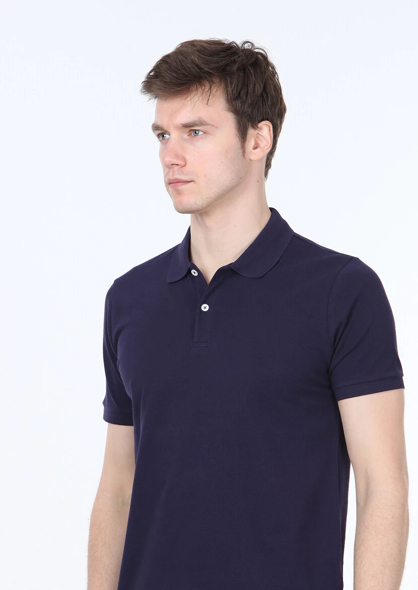 Lacivert Polo Yaka %100 Pamuk T-Shirt - 3
