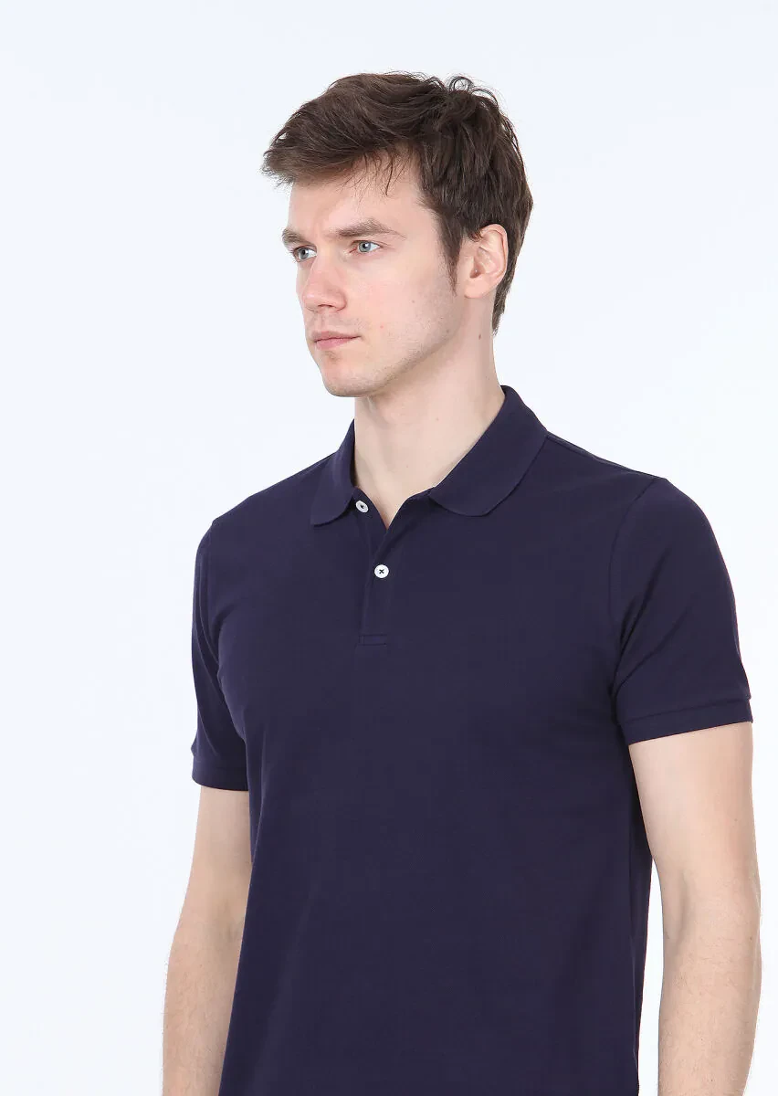 Lacivert Polo Yaka %100 Pamuk T-Shirt - 3
