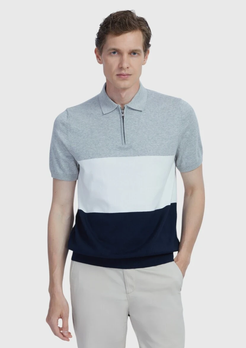 Lacivert Polo Yaka Çizgili Pamuk Karışımlı Triko - RAMSEY