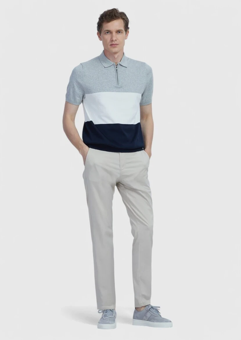 Lacivert Polo Yaka Çizgili Pamuk Karışımlı Triko - RAMSEY