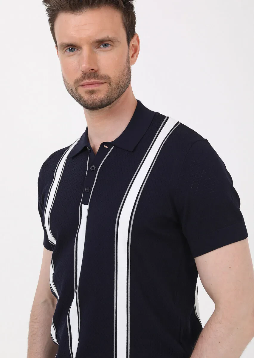 Lacivert Polo Yaka Çizgili Triko - 3