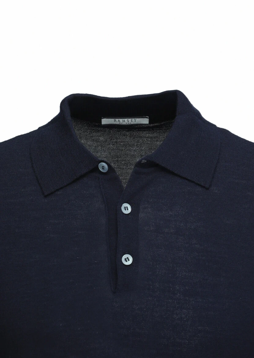 Lacivert Polo Yaka Düz Örgü %100 Yün Triko Kazak 