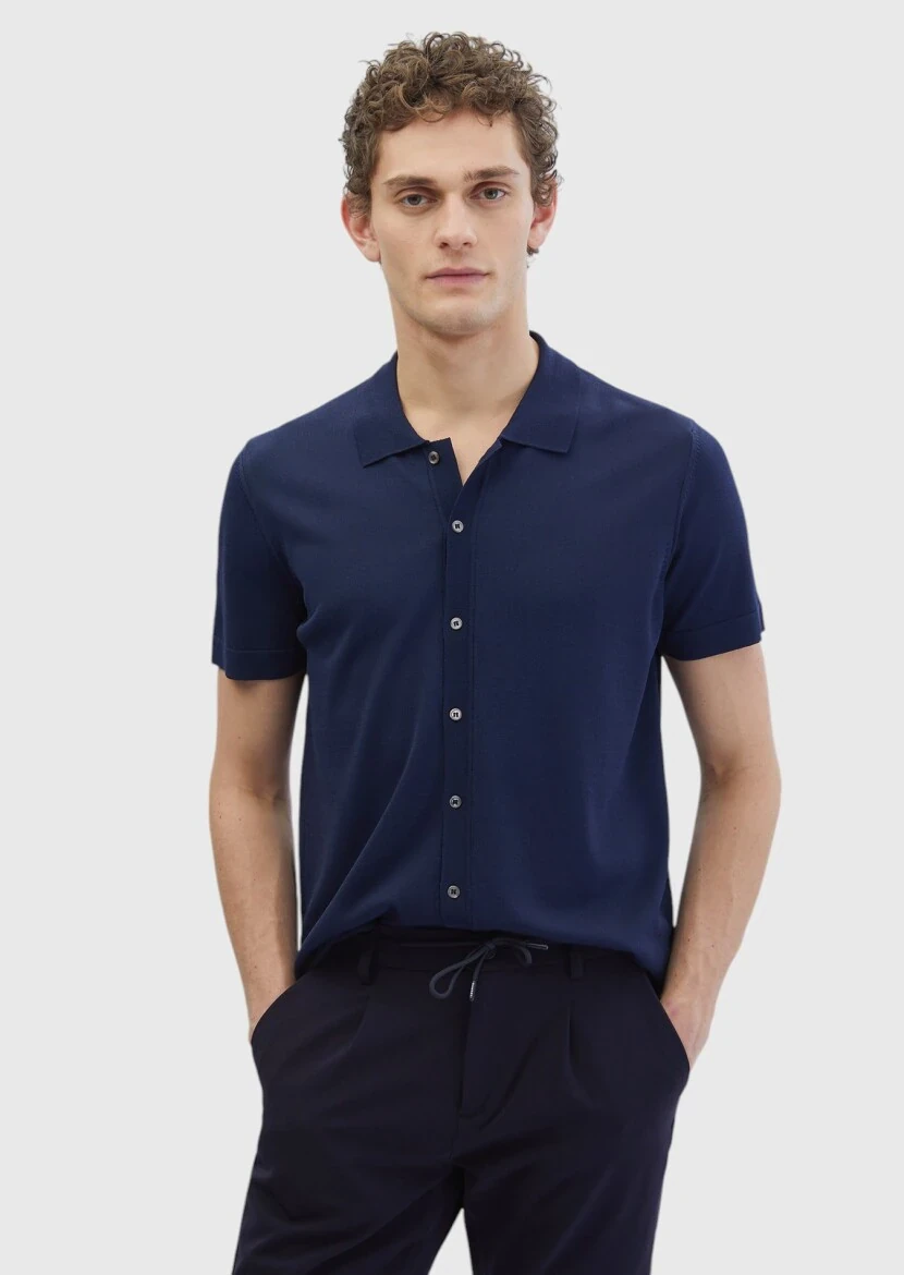 Lacivert Polo Yaka Düz Örgü Hırka - RAMSEY