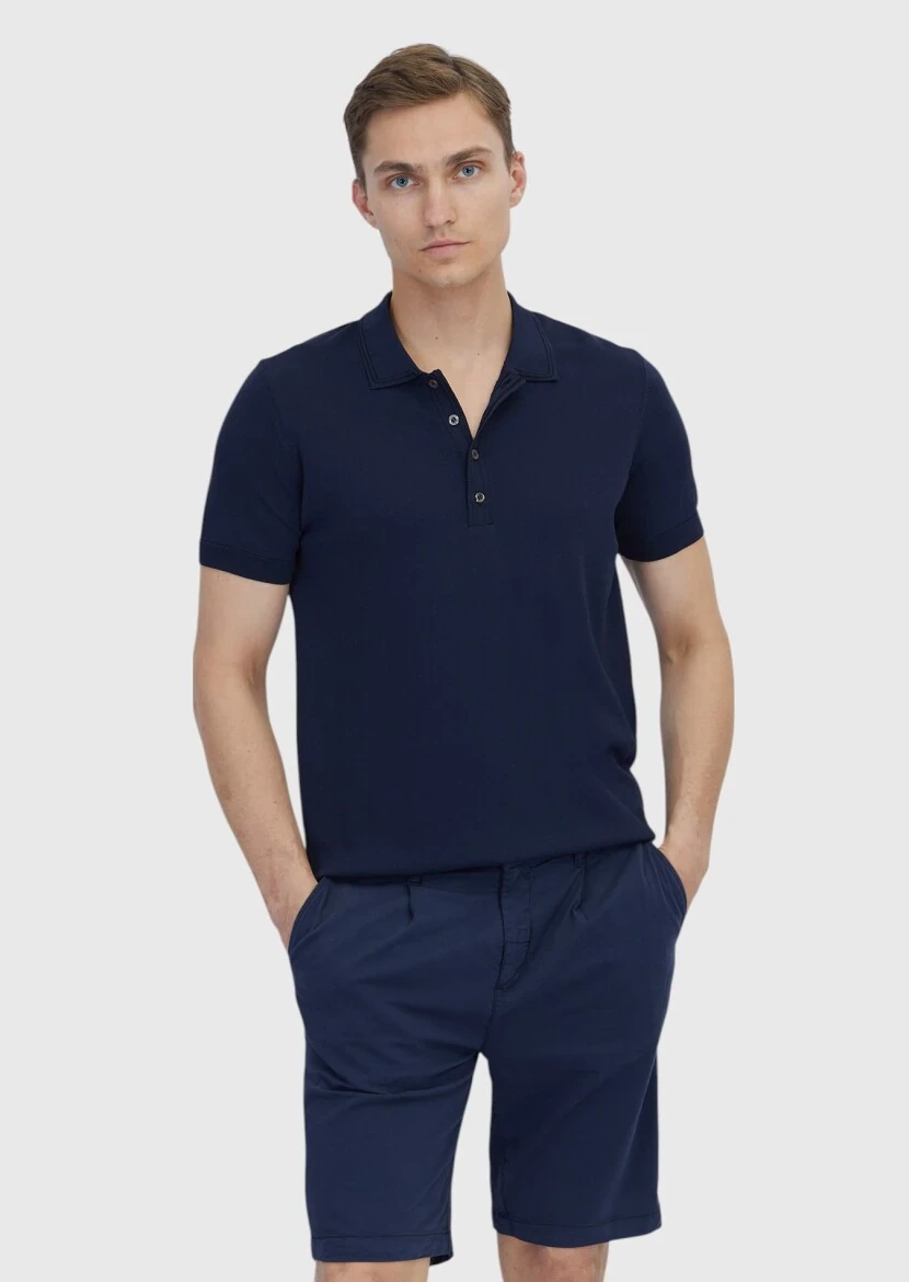 Lacivert Polo Yaka Düz Örgü Triko - 1