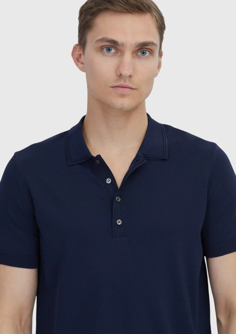 Lacivert Polo Yaka Düz Örgü Triko - 3