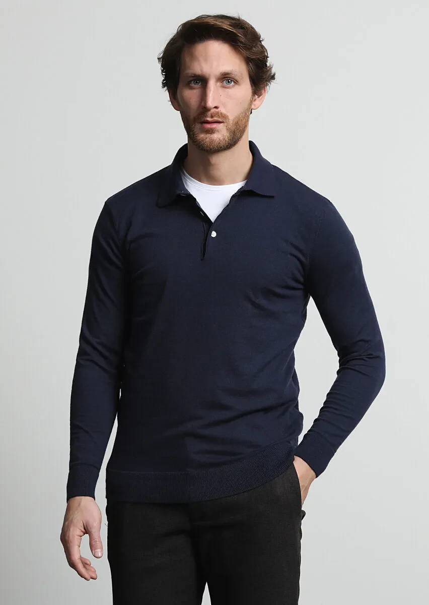 Lacivert Polo Yaka Düz Örgü Triko Kazak - 1