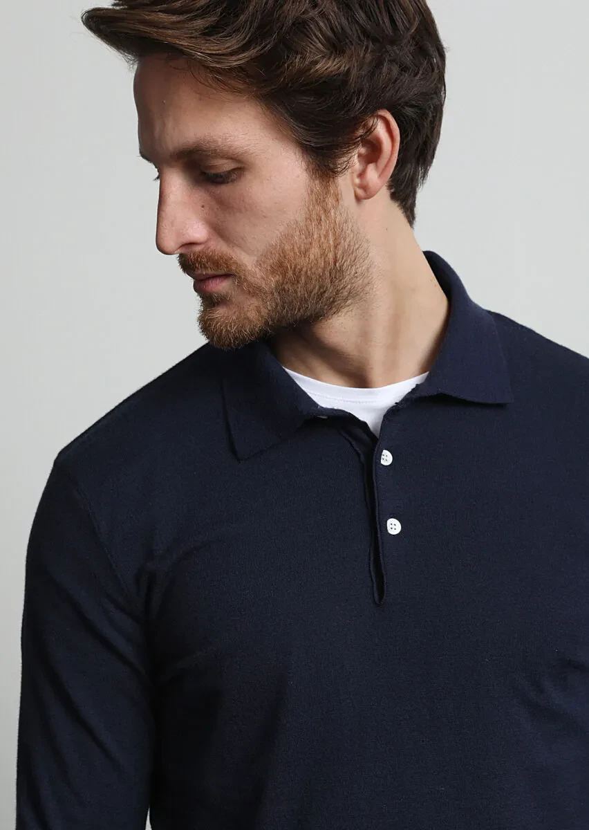 Lacivert Polo Yaka Düz Örgü Triko Kazak - 2