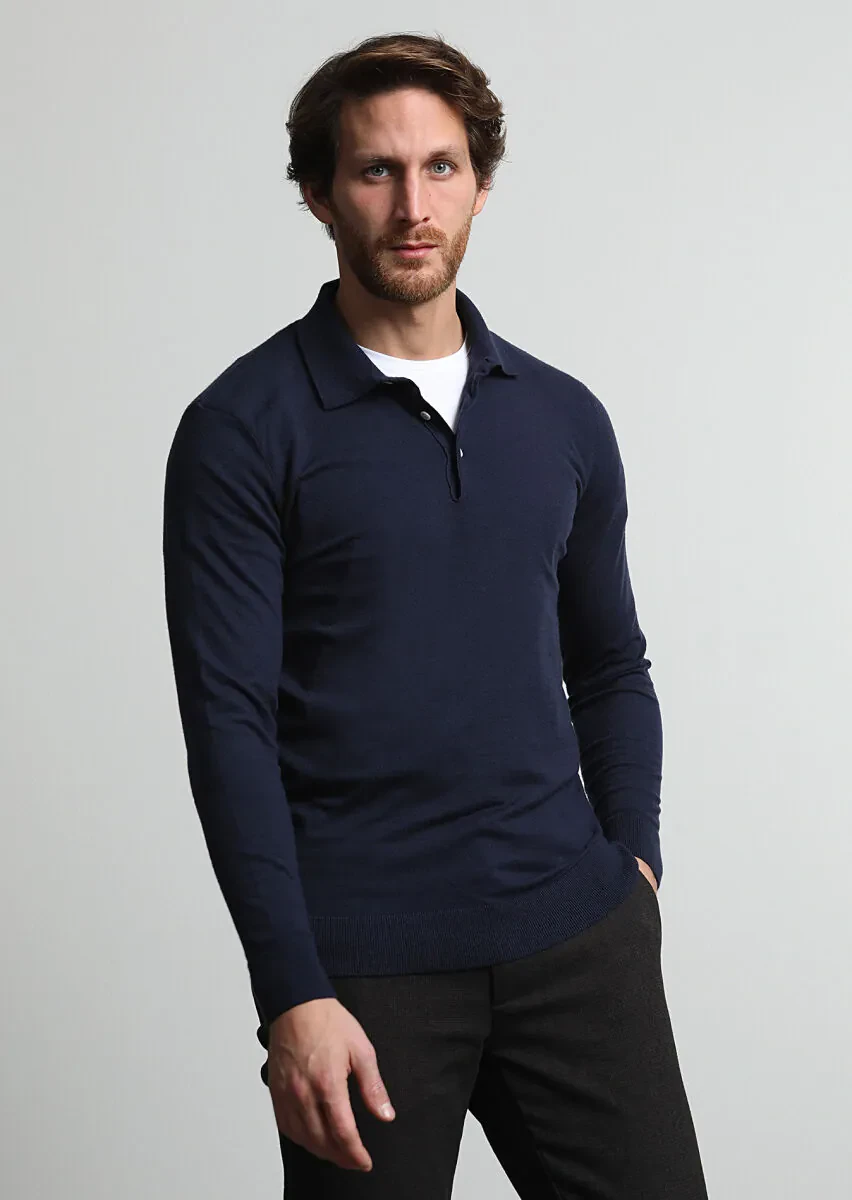 Lacivert Polo Yaka Düz Örgü Triko Kazak - 3