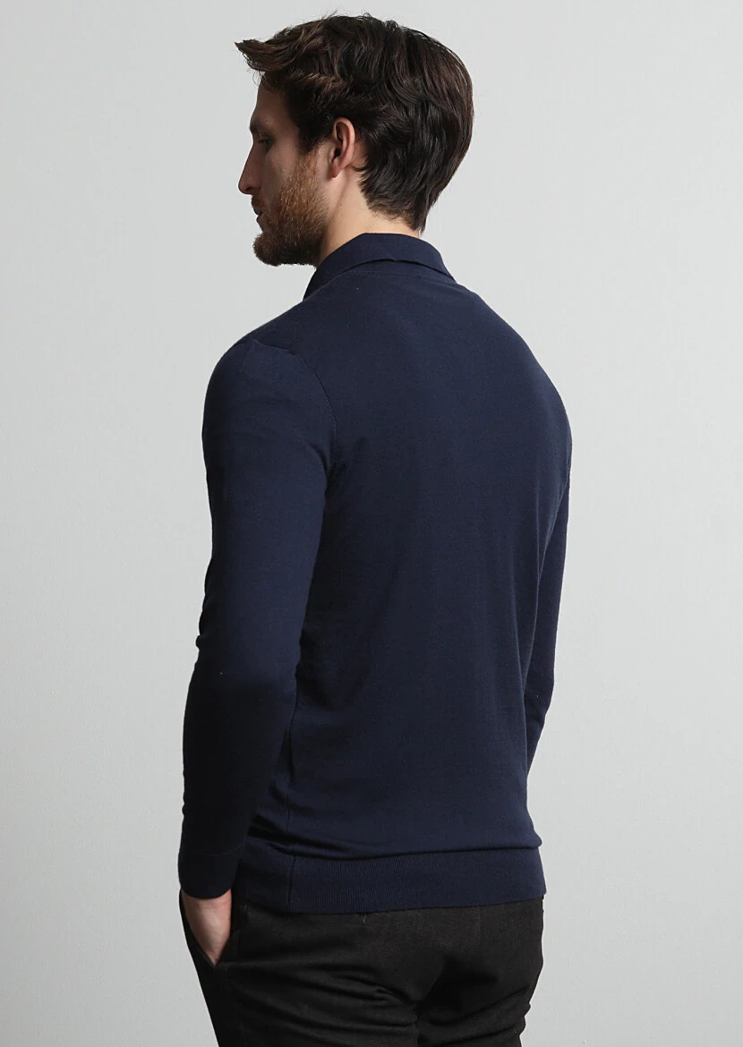 Lacivert Polo Yaka Düz Örgü Triko Kazak - 4