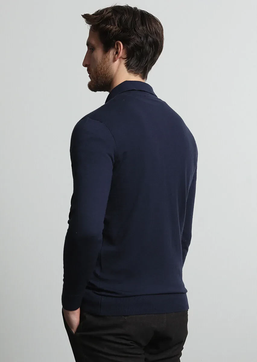 Lacivert Polo Yaka Düz Örgü Triko Kazak - 4